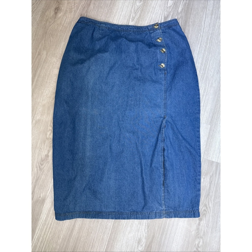 VTG Truly Yours Womens Y2K Blue Denim Maxi Front Slit Button Skirt Causal Sz 22W